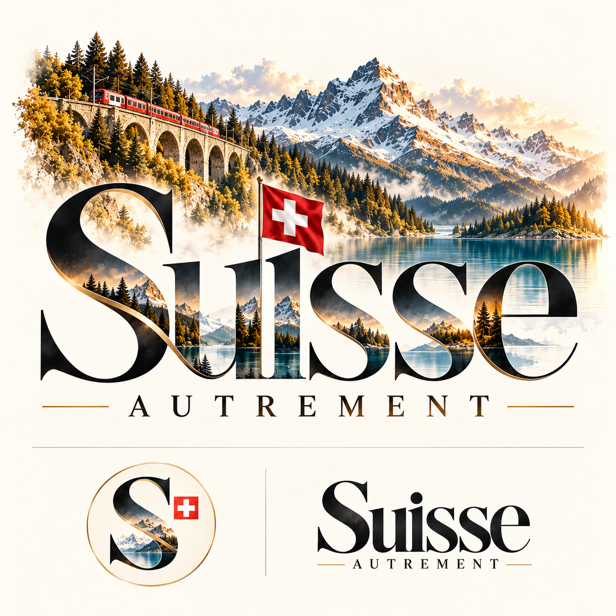 Suisse Autrement — logo illustré de montagnes, d’un lac et d’un train suisse